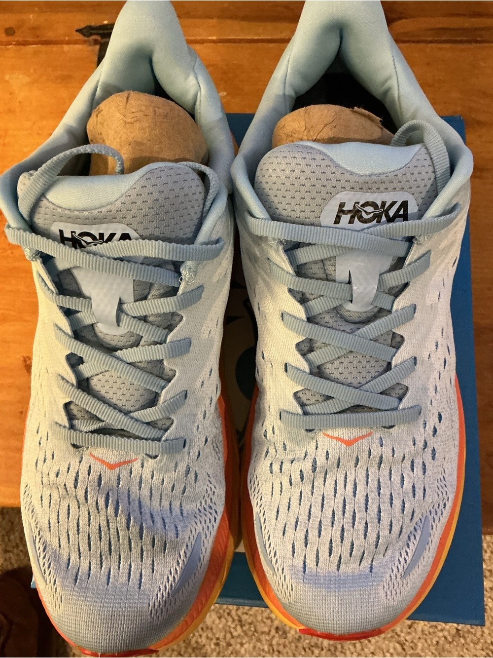 Hoka ONE Clifton 8 Light Blue and Orange Athletic Sneakers Men’s 10 1121375